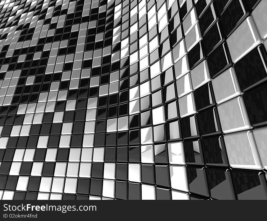 A wall of black and white mosaic in the shape of squares. A wall of black and white mosaic in the shape of squares