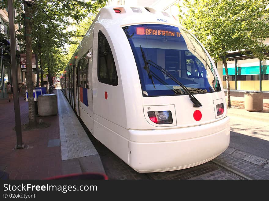 A max light rail waiting for the driver to return from a short break, downtown Portland OR. A max light rail waiting for the driver to return from a short break, downtown Portland OR.