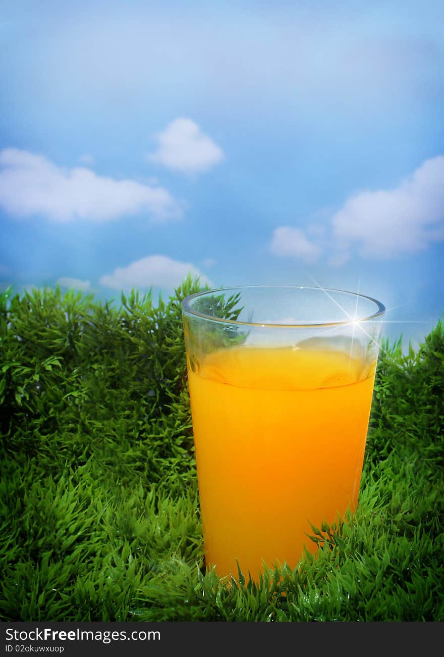 Orange juice on the grass. Orange juice on the grass