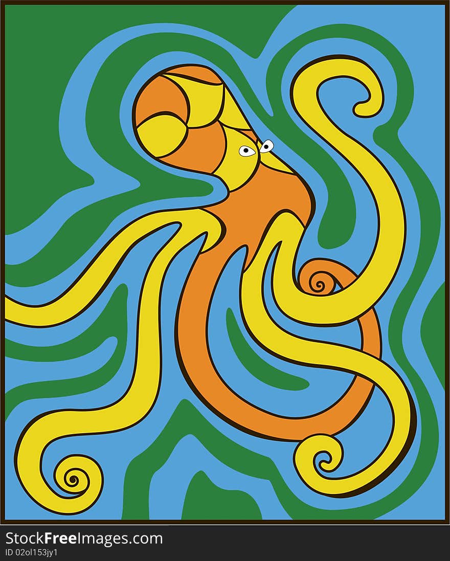 Illustration of an orange octopus swimming deep underwater