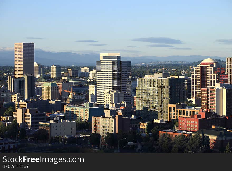 A view of the city of Portland Oregon skyline at sunset from the west hills. A view of the city of Portland Oregon skyline at sunset from the west hills.