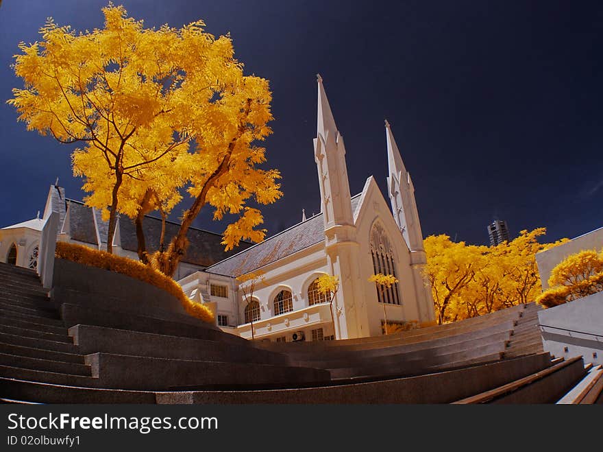 Historical Church And Yellow Leafs