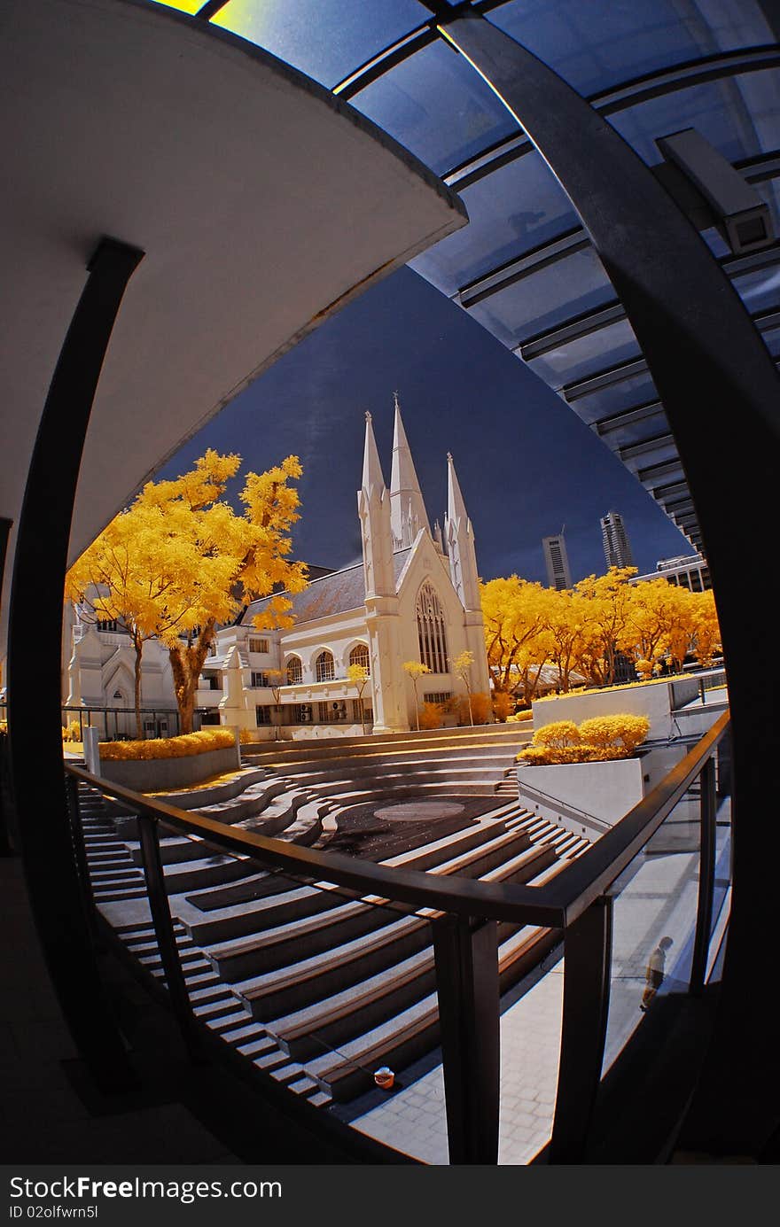 Historical church and yellow leaf in the city