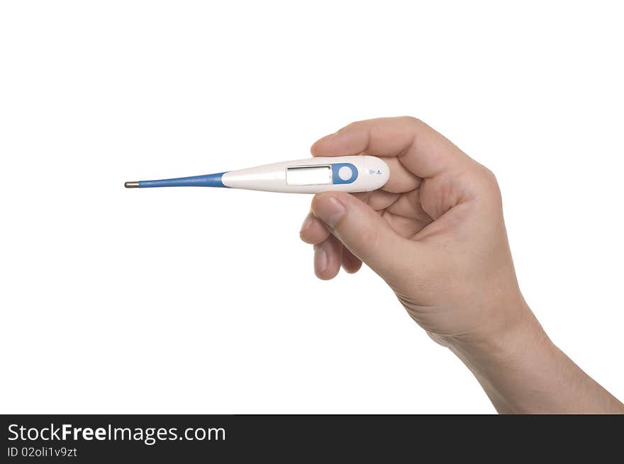 Well shaped hand hold a thermometer isolated over white