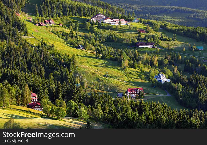 Green Hills and Fields with village