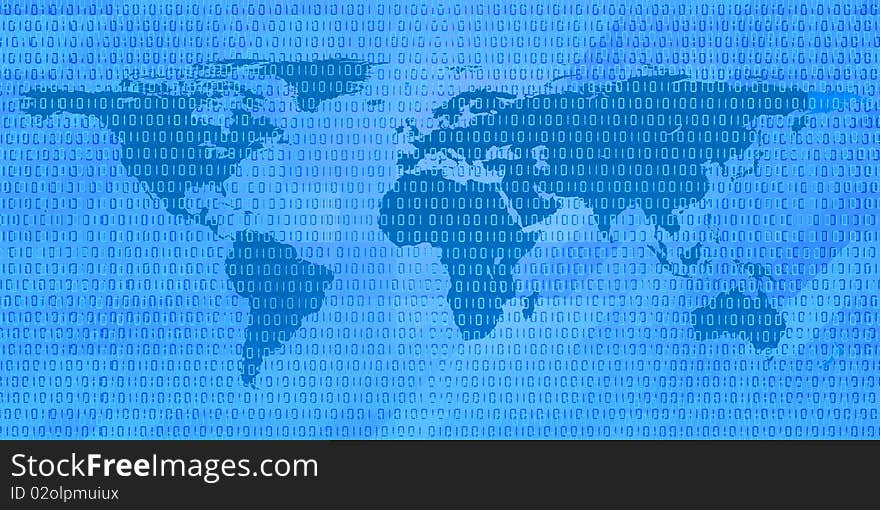 Stylized image of binary code on the world map. Stylized image of binary code on the world map