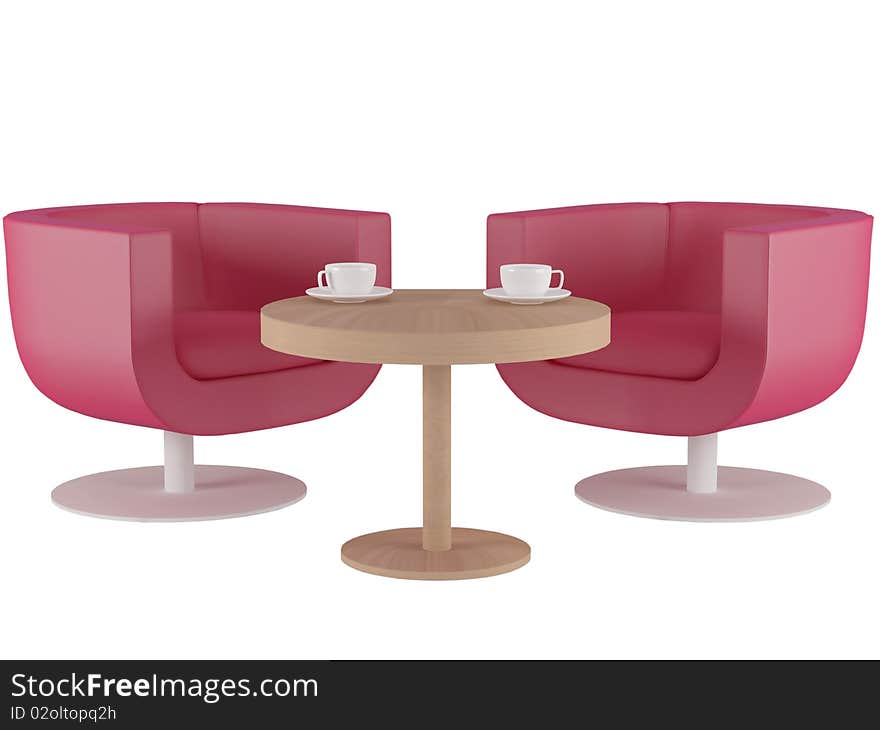 Two pink armchairs and wooden coffee table isolated on white, coffee break, 3d illustrations. Two pink armchairs and wooden coffee table isolated on white, coffee break, 3d illustrations