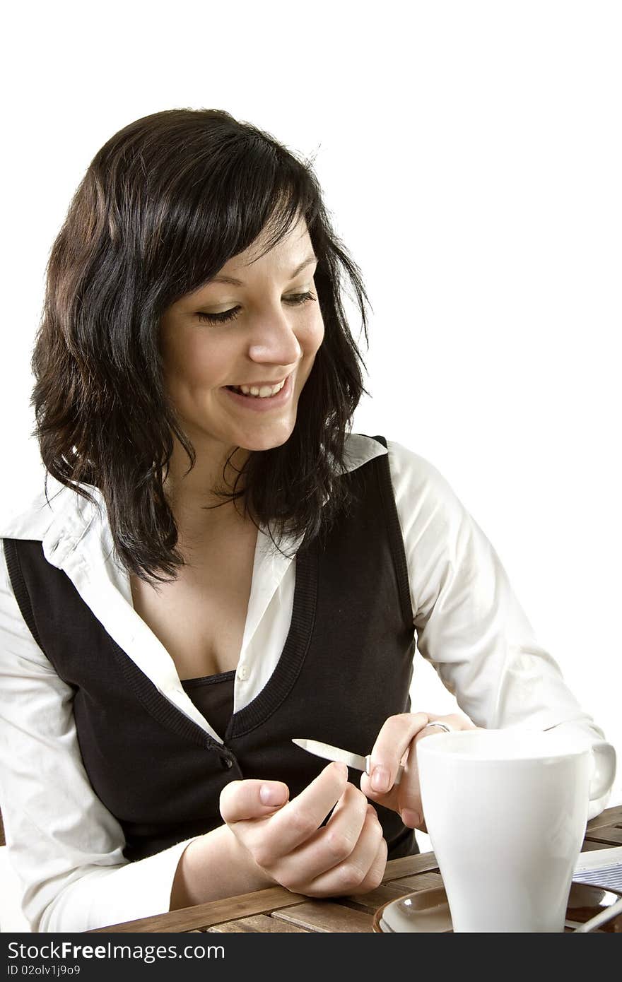 Business Female With Coffee And Nail File