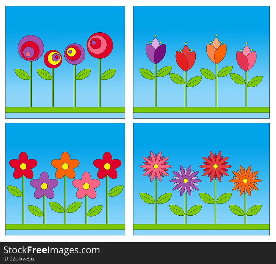 Set of backgrounds with different abstract flowers. Set of backgrounds with different abstract flowers.