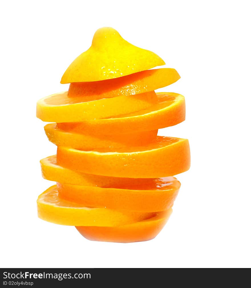 Orange with lemon cut with segments on white background. Orange with lemon cut with segments on white background