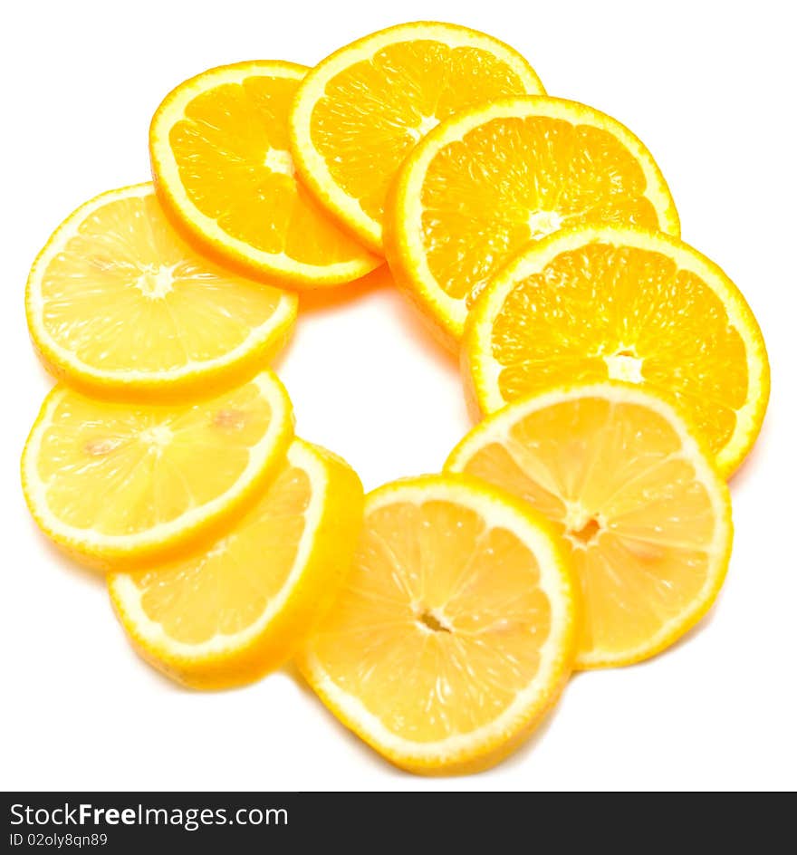 Orange with lemon cut with segments on white background. Orange with lemon cut with segments on white background