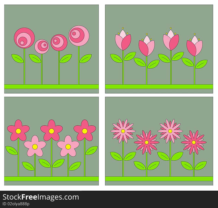 Set of backgrounds with different bright abstract flowers. Set of backgrounds with different bright abstract flowers