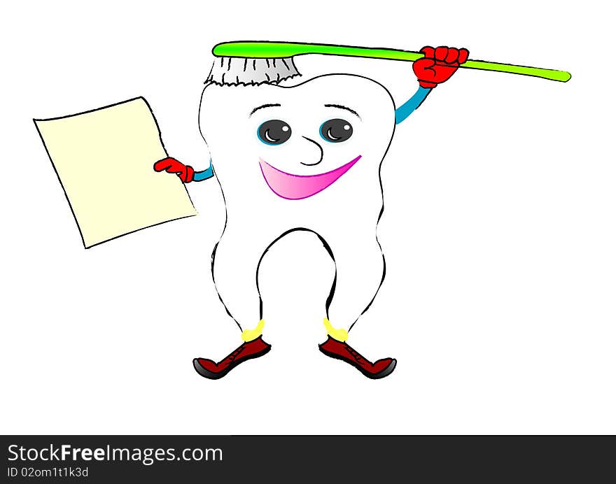 Cheerful tooth with a brush and a paper clean sheet