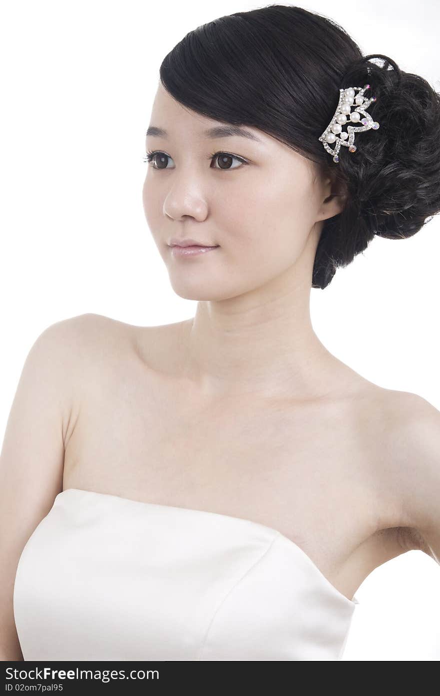 Beautiful bride with perfect natural makeup,headwear on head