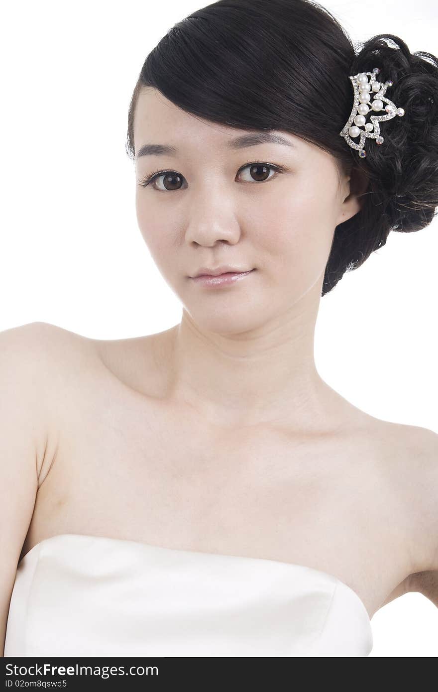 Beautiful bride with perfect natural makeup,headwear on head