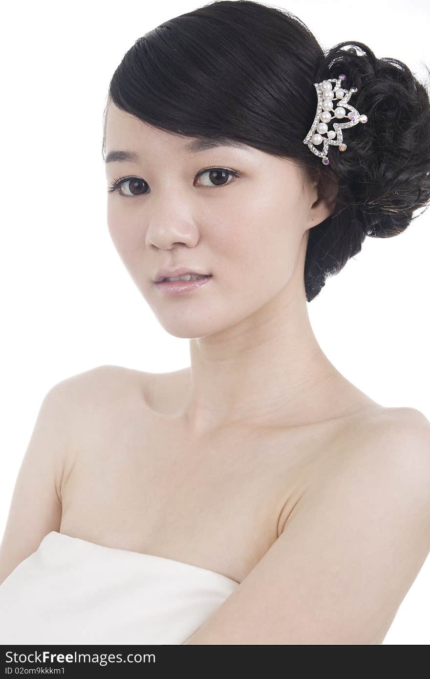 Beautiful bride with perfect natural makeup,headwear on head,smiling