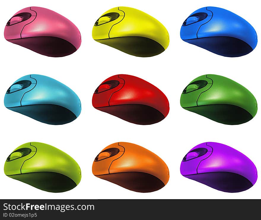 9 colourful computer mouses with various colours inc red, pink and green