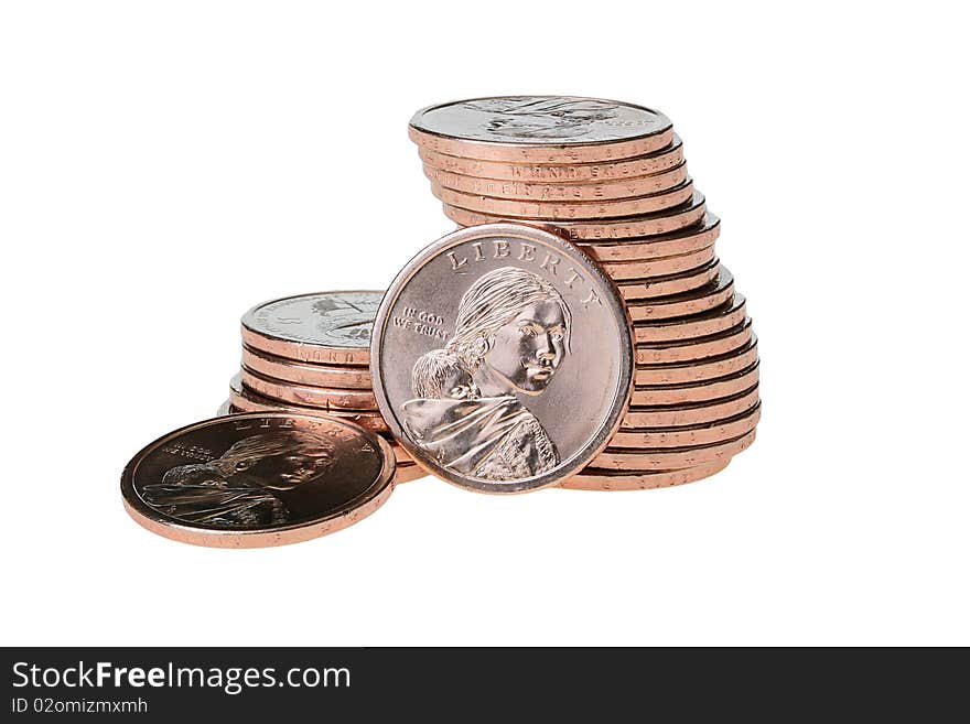 Coins in one dollar are combined by piles on a white background. Coins in one dollar are combined by piles on a white background.