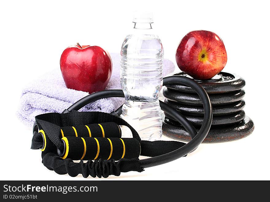 Subjects connected with a healthy way of life, sports, fruit, water.