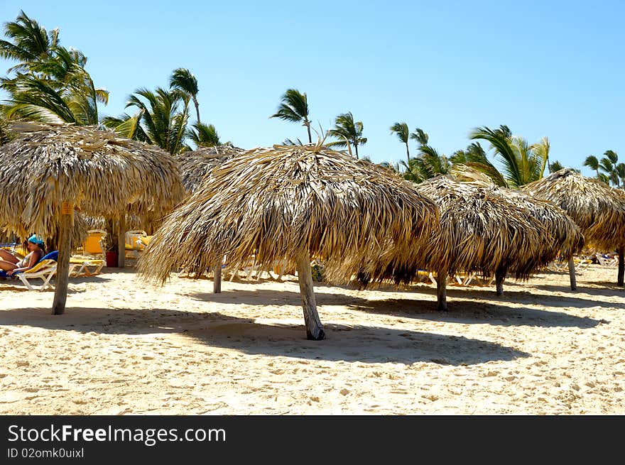 Rows of parasols on exotic beach. Rows of parasols on exotic beach.