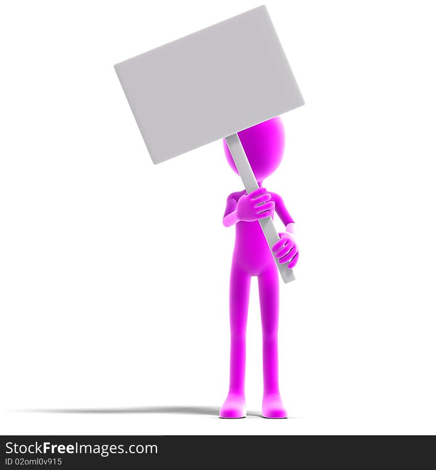 Symbolic 3d male toon character show something with a blank sign. 3D rendering with clipping path and shadow over white