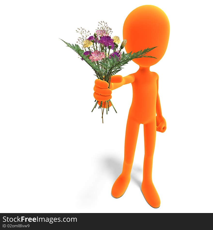 Symbolic 3d male toon character give you flowers