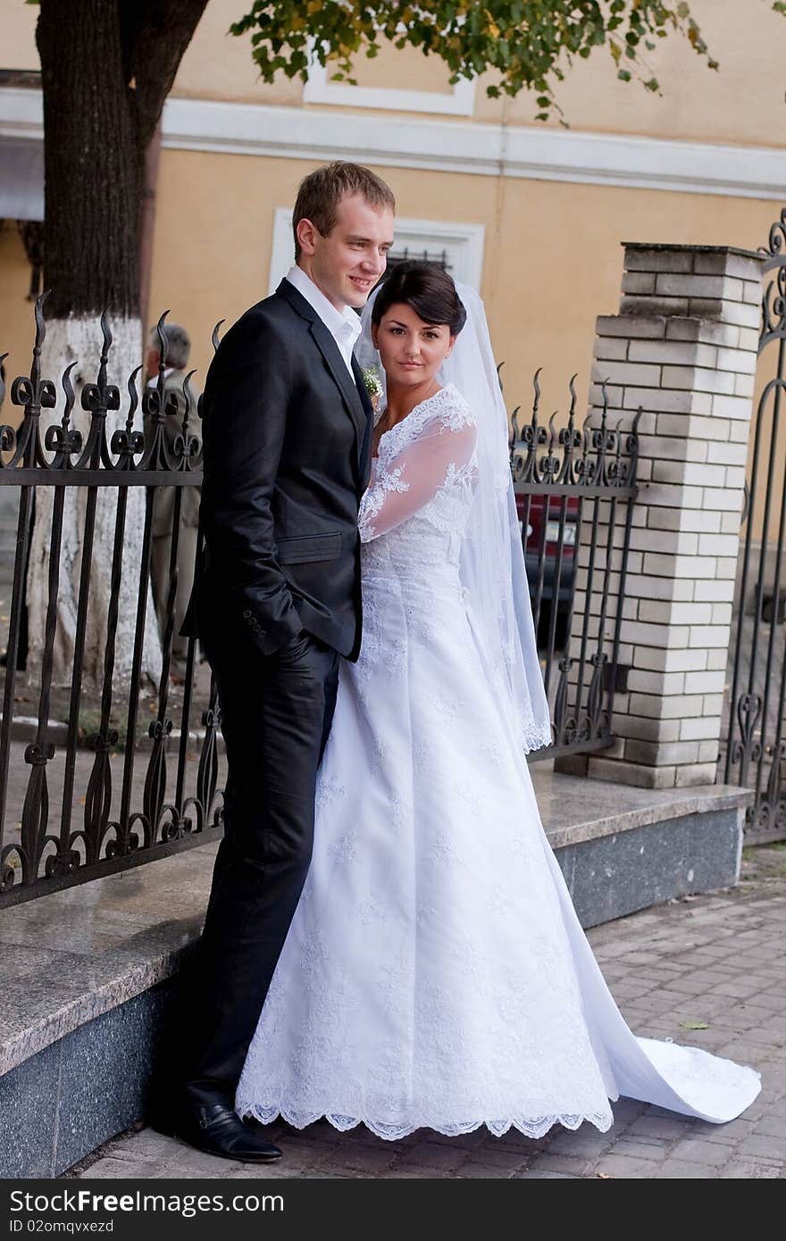 Happy bride and groom on their wedding day