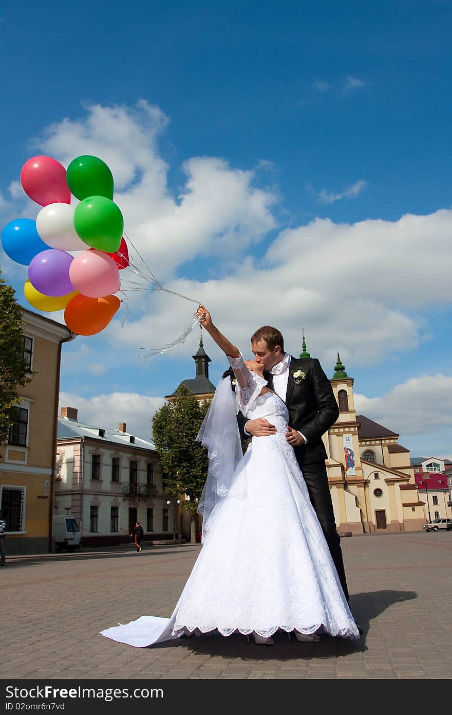 Happy bride and groom on their wedding day