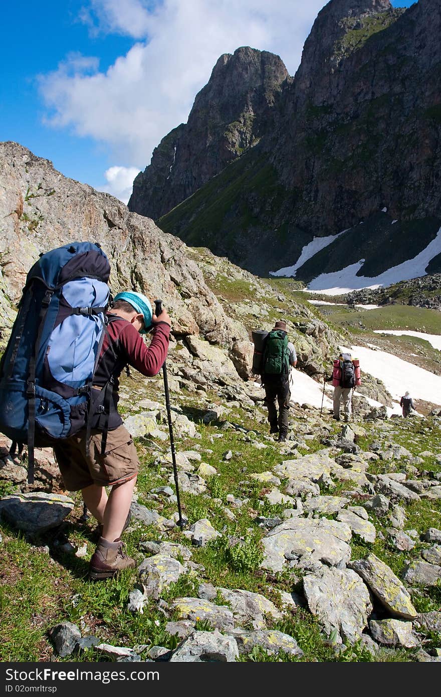 Hiker group in Caucasus mountains. Hiker group in Caucasus mountains