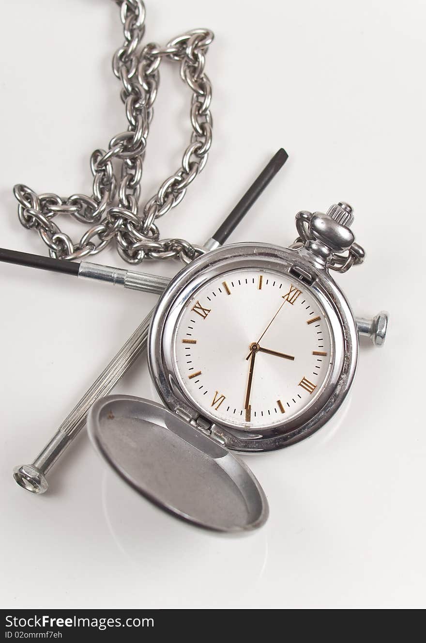 Pocket Watch and Screwdrivers for Repair Concept. Pocket Watch and Screwdrivers for Repair Concept