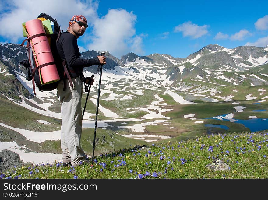 Hiker boy in Caucasus mountains. Hiker boy in Caucasus mountains