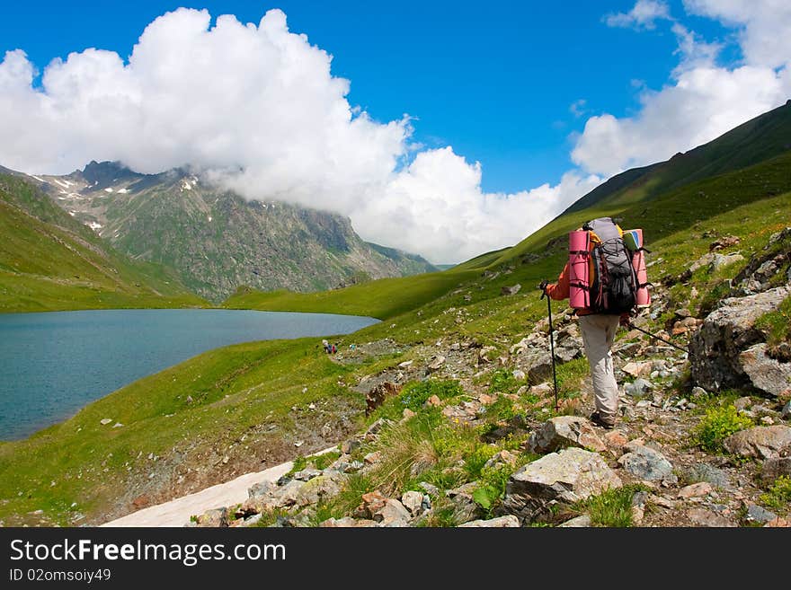 Hiker boy in Caucasus mountains. Hiker boy in Caucasus mountains