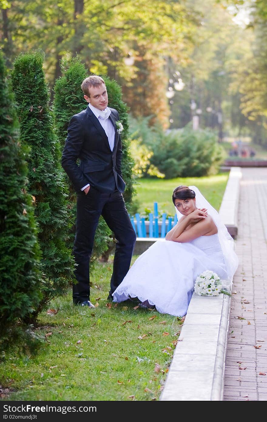 Happy bride and groom on their wedding day