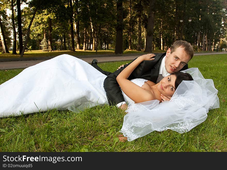 Happy bride and groom on their wedding day