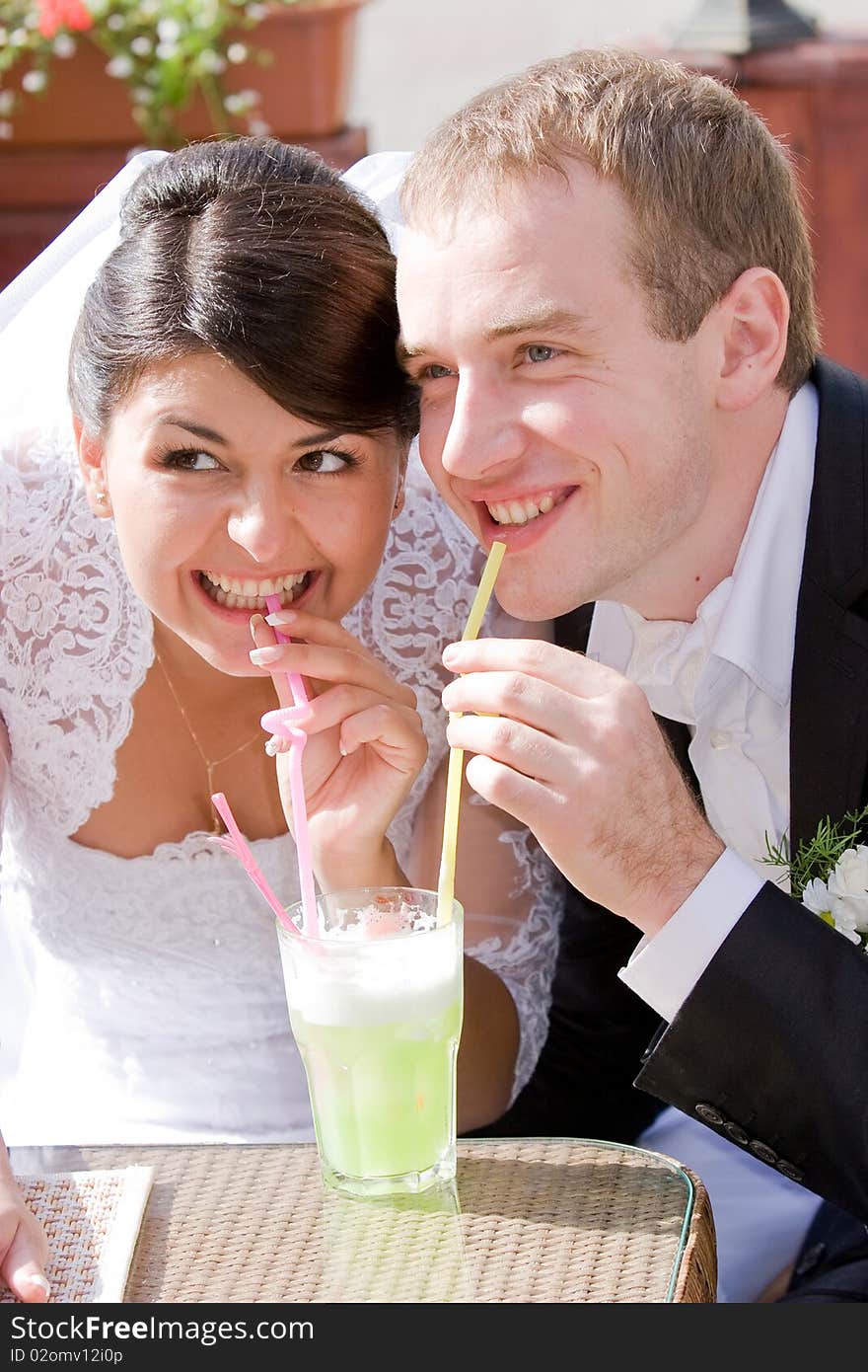 Happy bride and groom on their wedding day