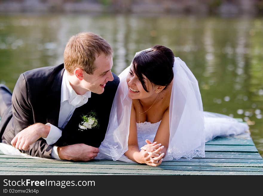 Happy bride and groom on their wedding day