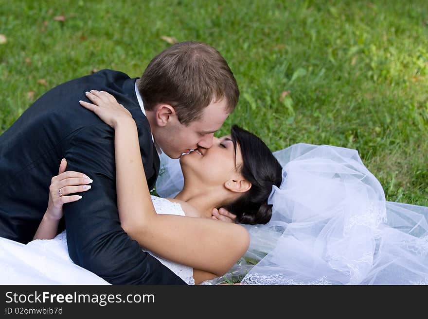 Happy bride and groom on their wedding day