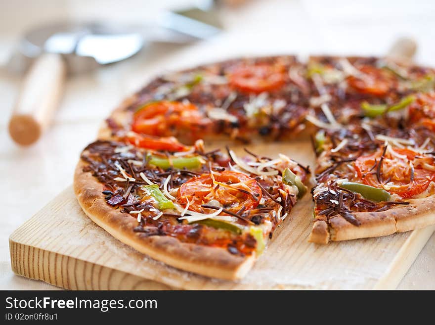 Tasty pizza with tomato chesse olive