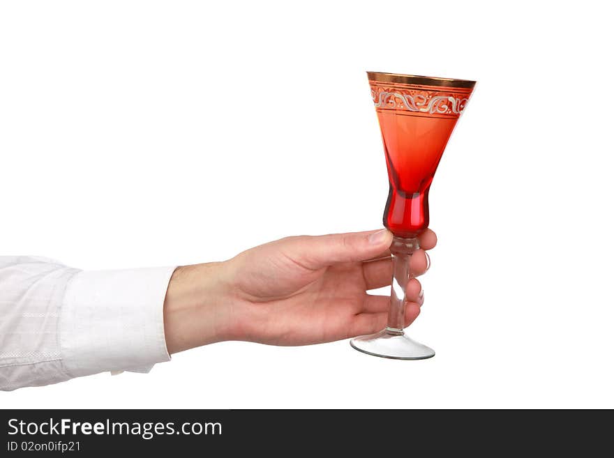 The man's hand holds a glass for wine is isolated on white a background