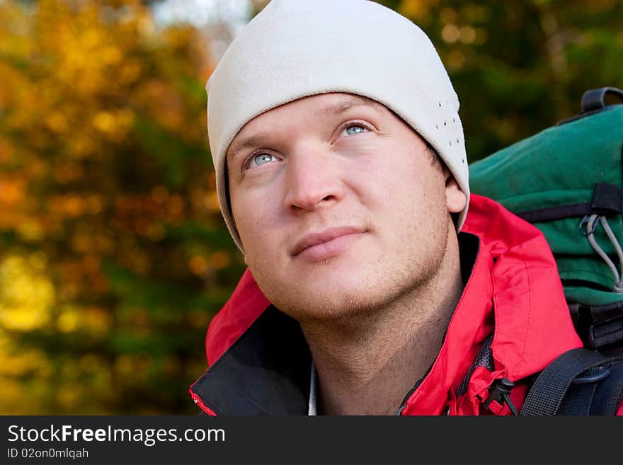 Hiker boy in autumn forest. Hiker boy in autumn forest