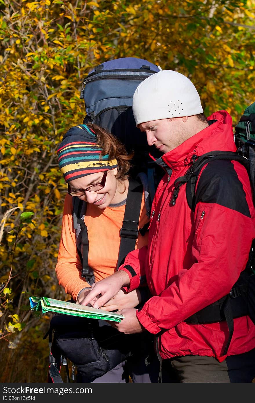 Hikers group in autumn forest. Hikers group in autumn forest