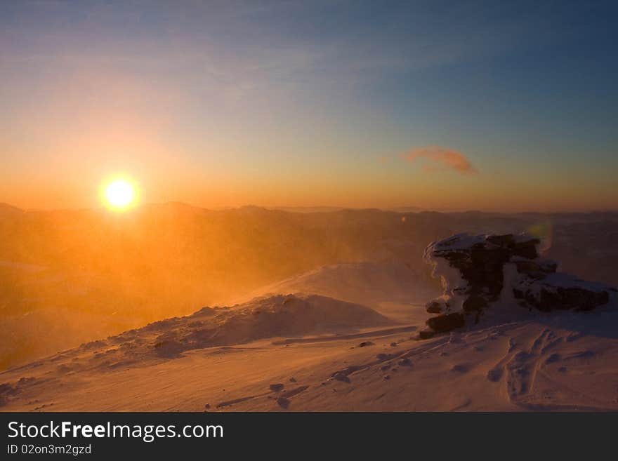 Red sunset in Carpathion mountains