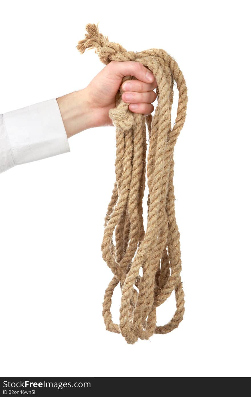 Man's the hand holds a cord on a white background