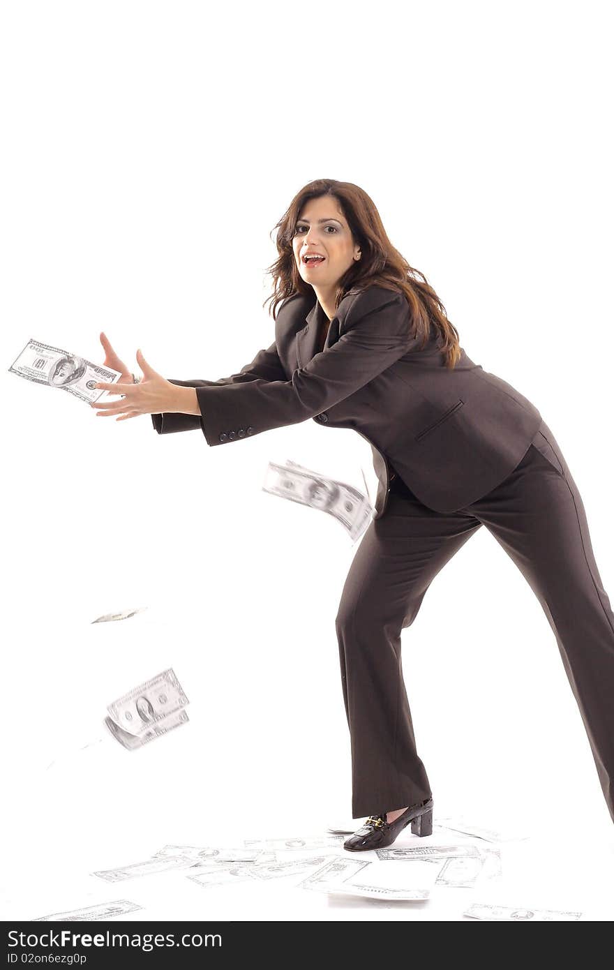 Business Woman Catching Money Center