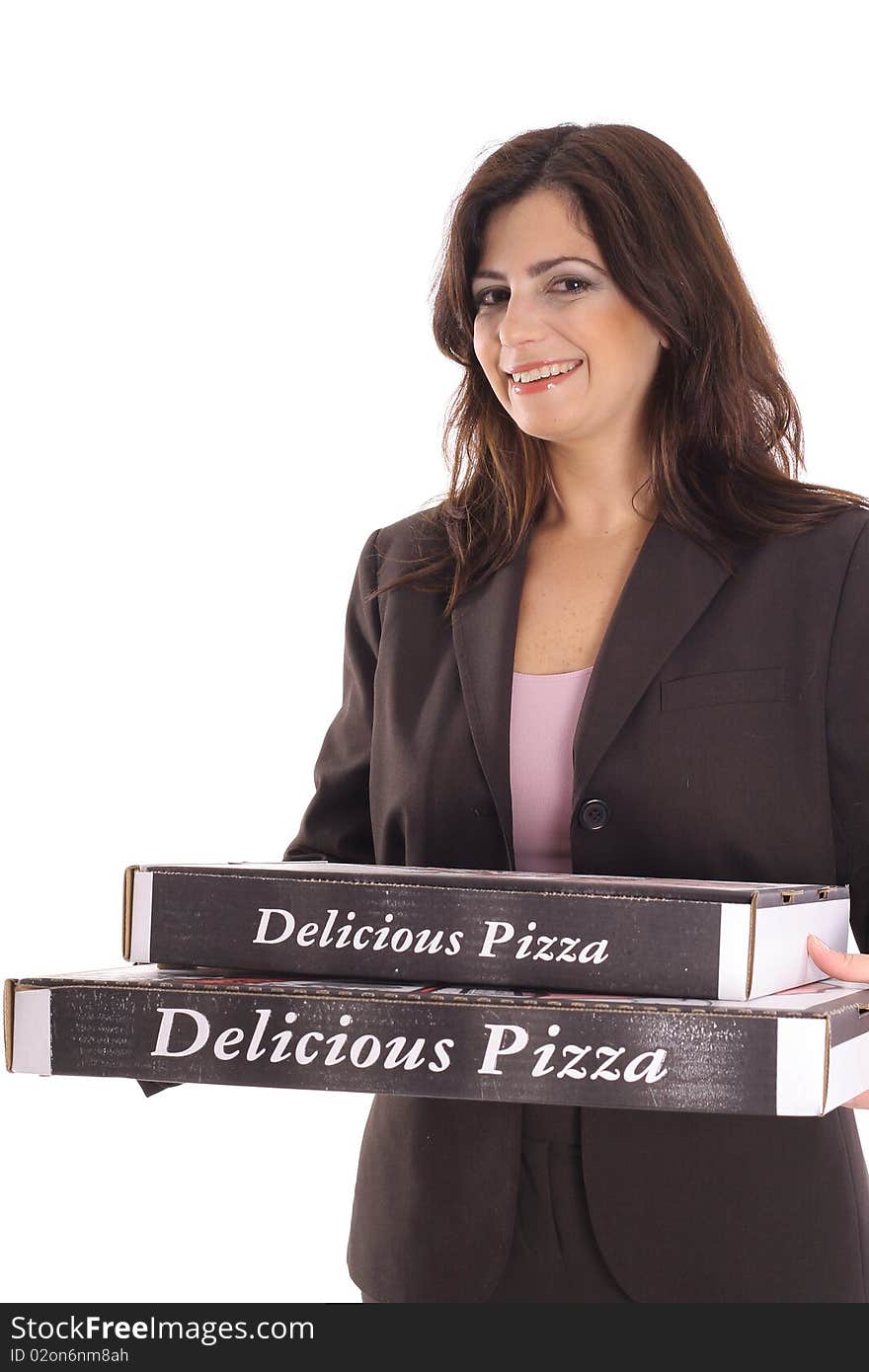 Woman in business suit carrying pizzas