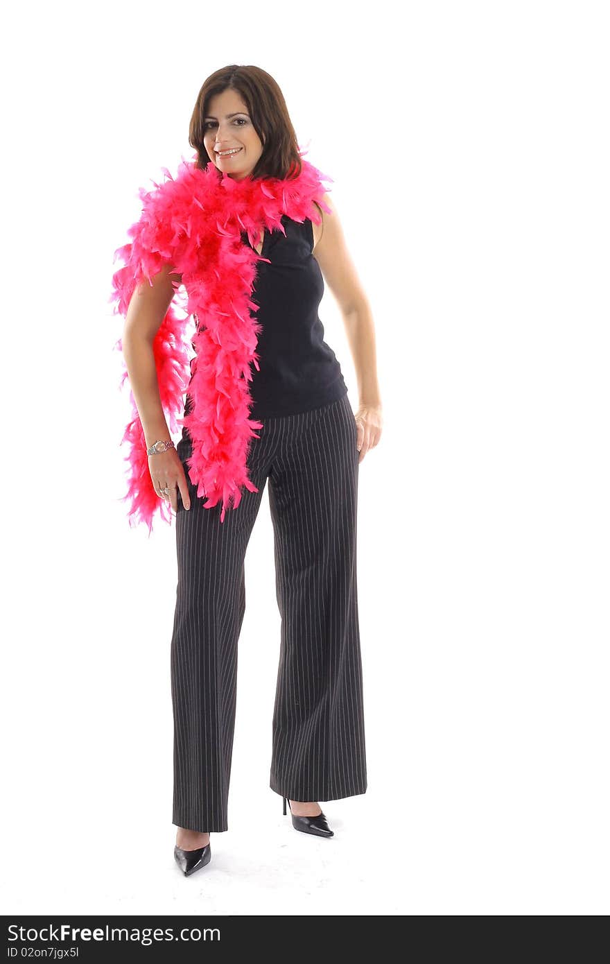 Woman with pink boa vertical