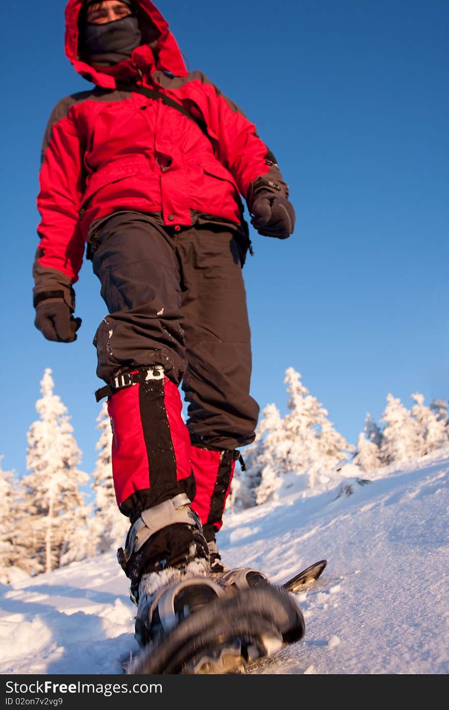 Hiker in winter in mountains