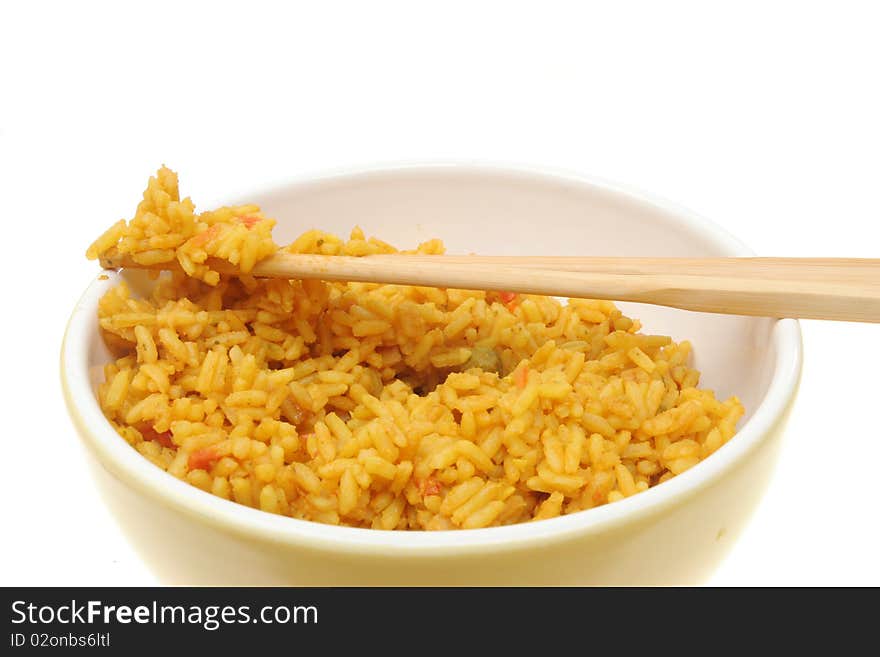 Closeup of rice and chopsticks in a bowl