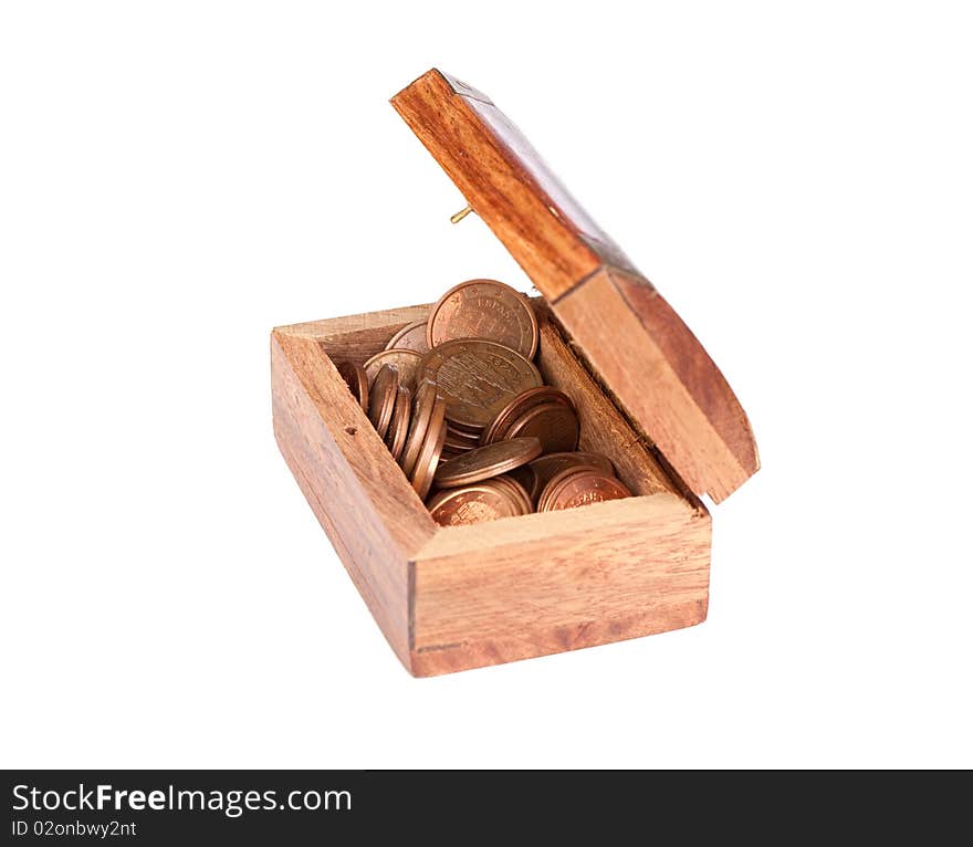 Coffer wooden open with many currencies on a over white background