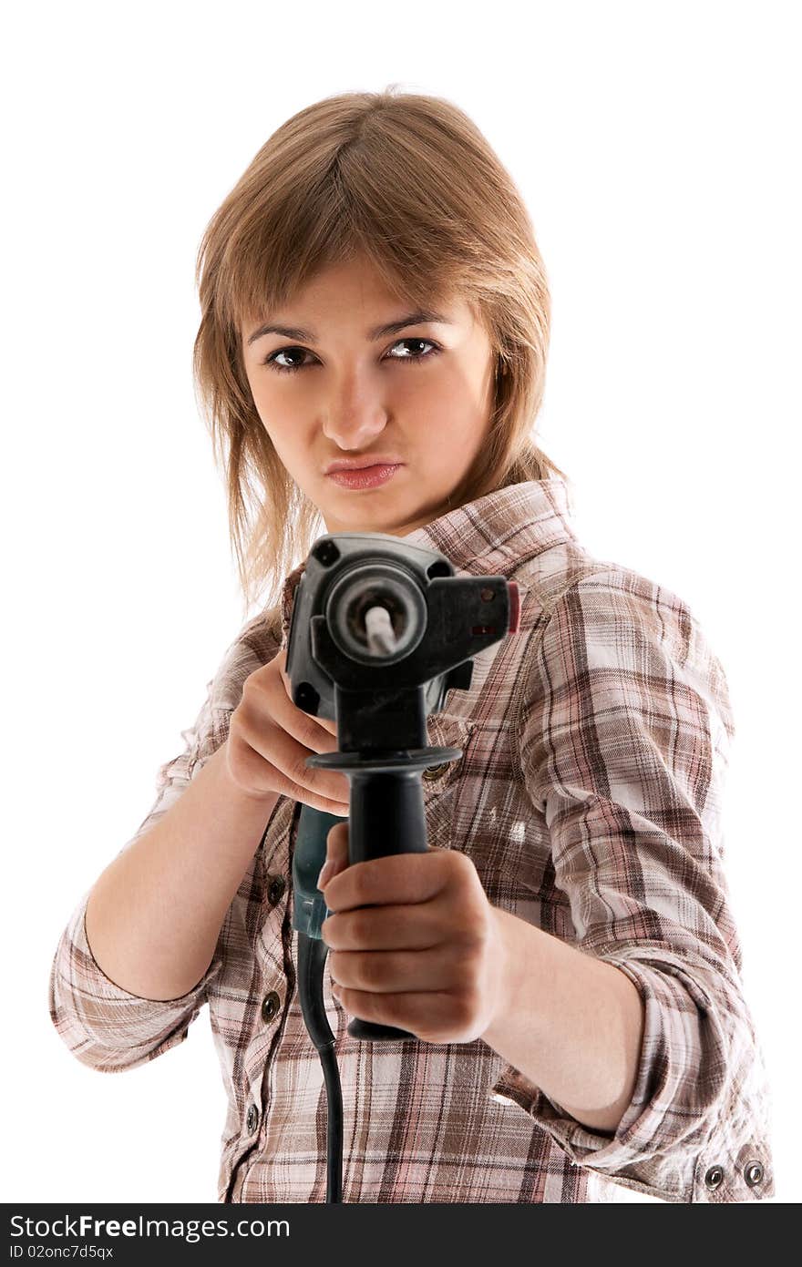 Young beautiful girl with perforator on white background